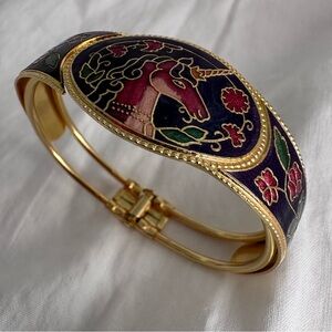 VTG Cloisonné Enamel Unicorn Floral Gold-Tone Hinge Cuff Bracelet